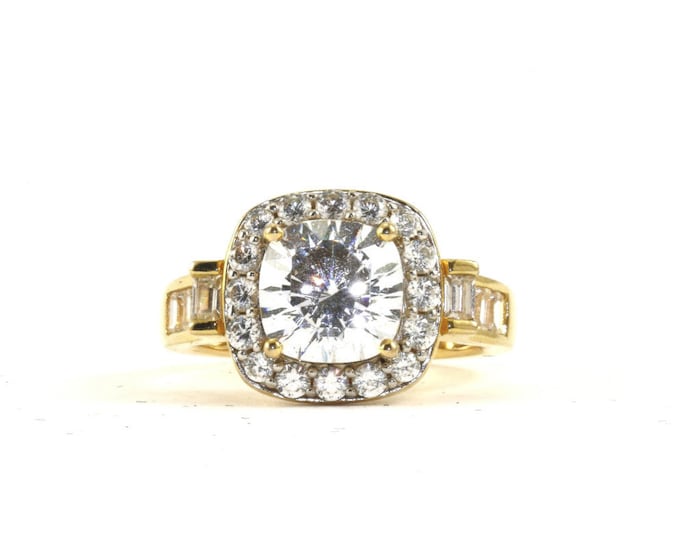 Vintage Size 9 Sparkling Round Crystal CZ Inlay 14k Gold Plated Ring 925 Sterling Silver RG 2387