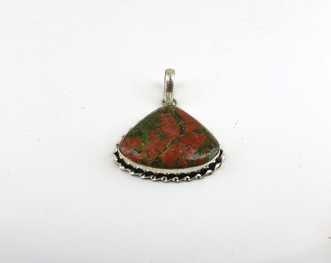 Vintage Large Unakite Palm Stone Abstract Design Pendant 925 Sterling PD 1930