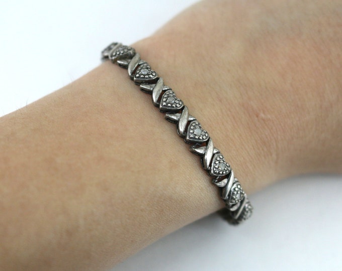 Vintage 6.75 In XO Heart Real Diamonds Link Bracelet 925 Sterling Silver BR 1360