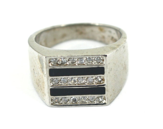 Vintage Men's Ring Hematite CZ Inlay Onyx Signet Ring Size Sterling 925 Silver Ring RG 923