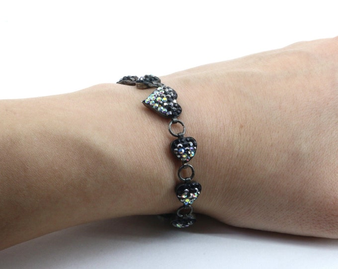 Vintage 6.5 Shiny CZ Heart Link Bracelet 925 Sterling Silver Br 3493
