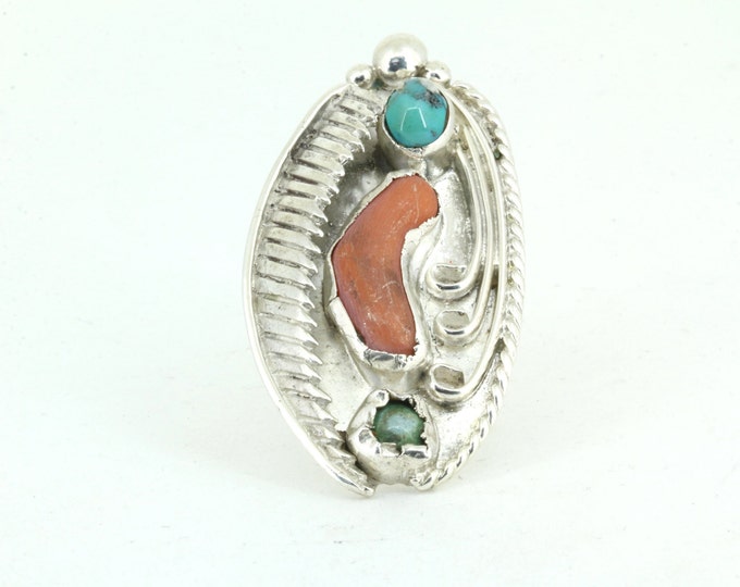 Vintage Size 4.5  Navajo Coral & Turquoise  Ring 925 Sterling Rg 2760