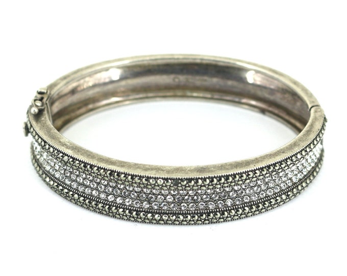 Vintage Row Hinged Marcasite & White Dot CZ Crystals Design Bangle Bracelet Sterling 925  Silver BR 943