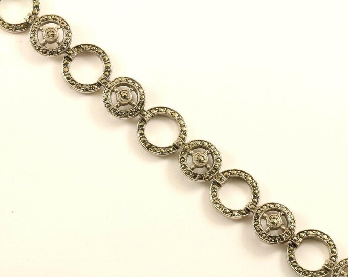 Vintage Open Round Circle Marcasite Design Link Bracelet Sterling Silver Br 2083(123759780596)