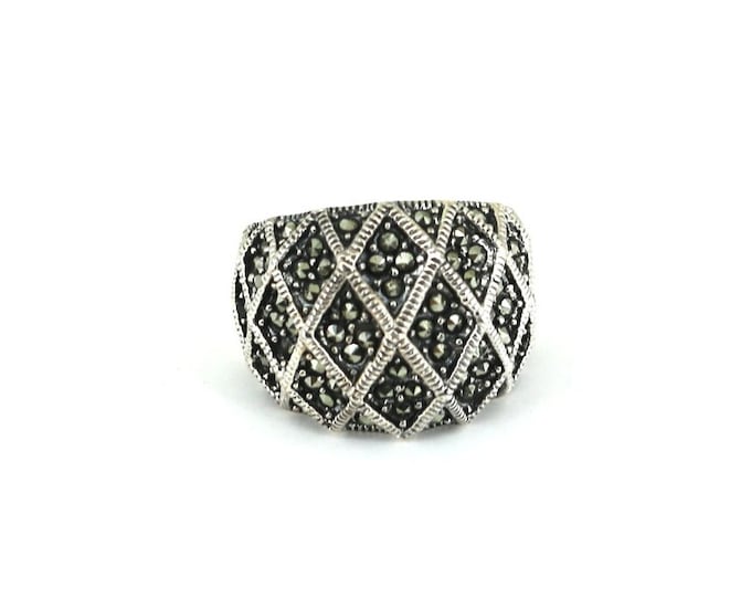 Vintage Size 6.5 Rhombus Ornament Marcasite Inlay Ring Sterling Silver RG 3517