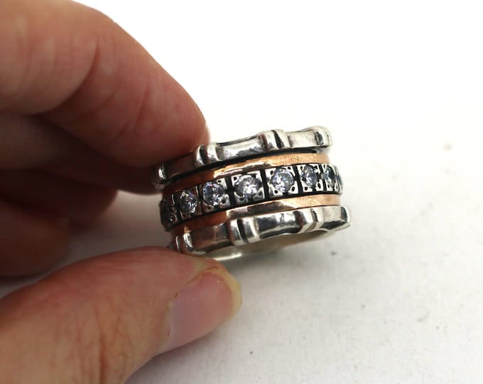 Vintage Size 7.5 Spinner Band CZ Ring 14K & Sterling Silver Rg 2440