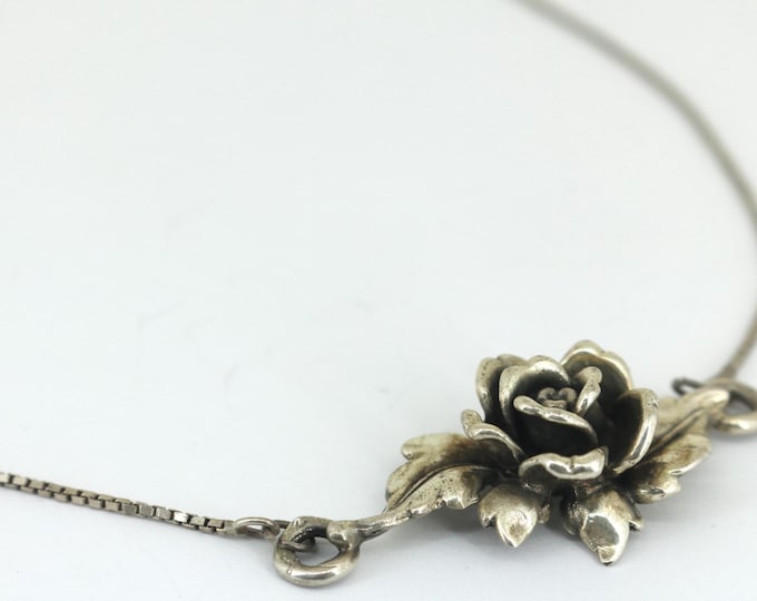 Vintage Blackened Rose& Leaves 3D Design Necklace 925 Sterling Silver NC 822