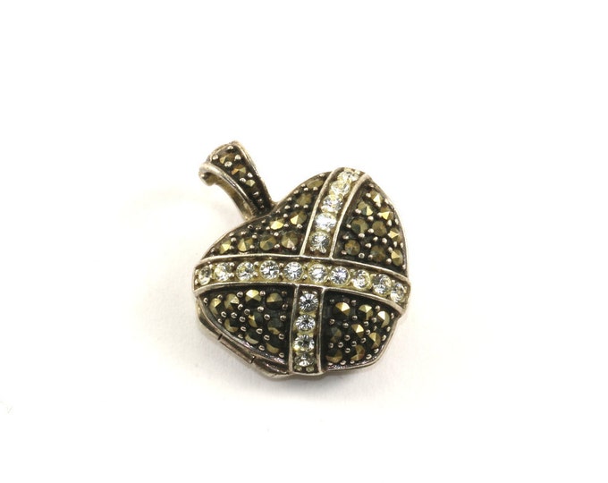 Vintage Heart Shape CZ and Marcasite Inlay Locket Pendant 925 Sterling Silver PD 377