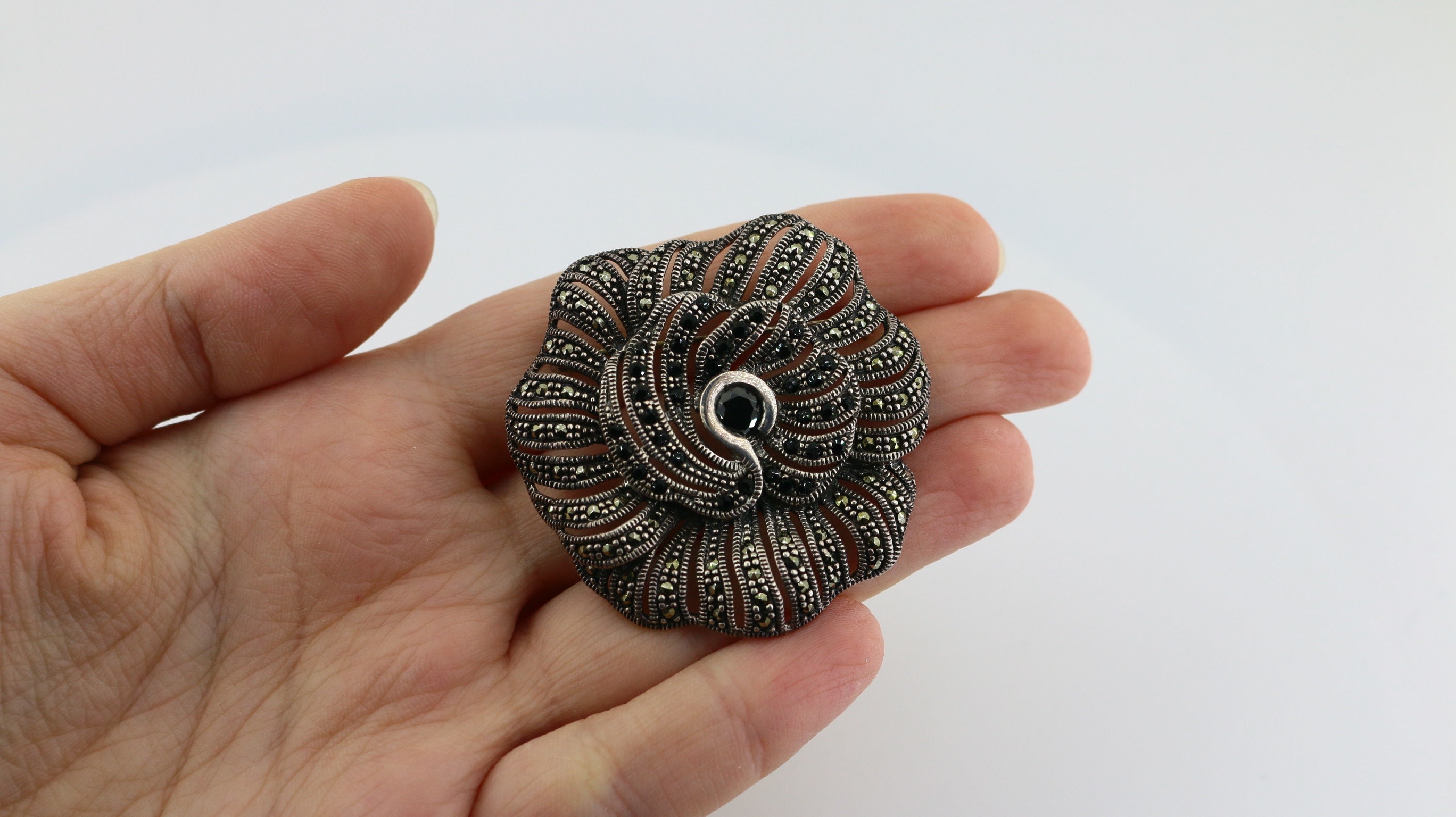 Vintage Beautiful Flower Rose Shiny Black Crystals Marcasite