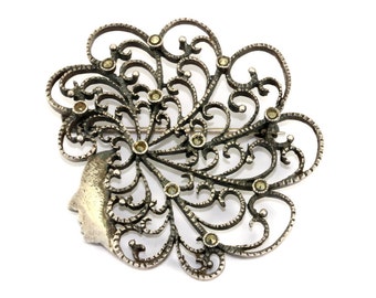 Vintage Woman's Profile Scroll Flower Design Marcasite Inlay Pendant Pin/Brooch 935 Sterling BB 468
