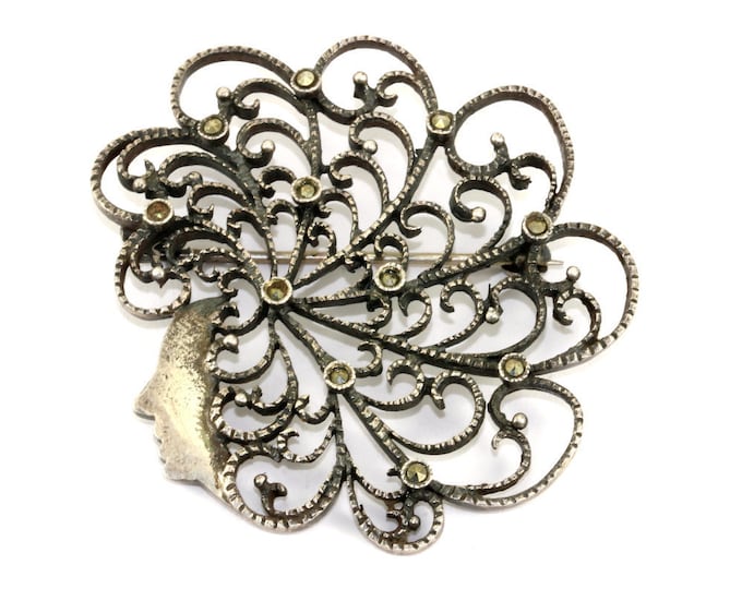 Vintage Woman's Profile Scroll Flower Design Marcasite Inlay Pendant Pin/Brooch 935 Sterling BB 468