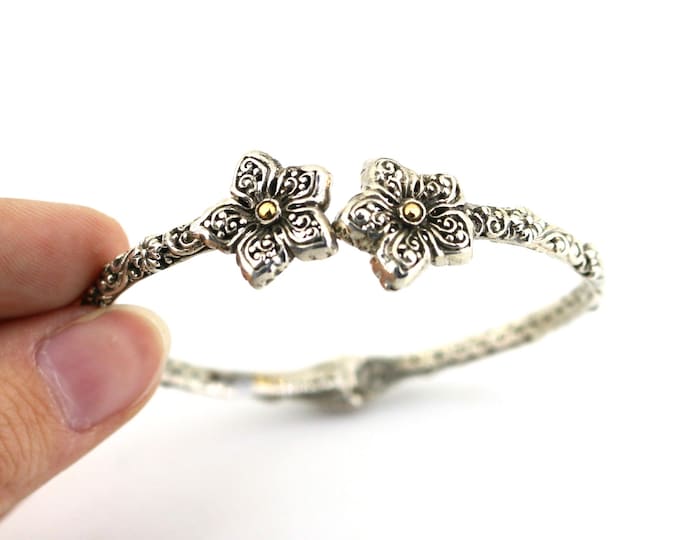 Vintage Beautiful 18k Gold Flower Floral Design Bangle Bracelet  Sterling 925 Silver Br 2224