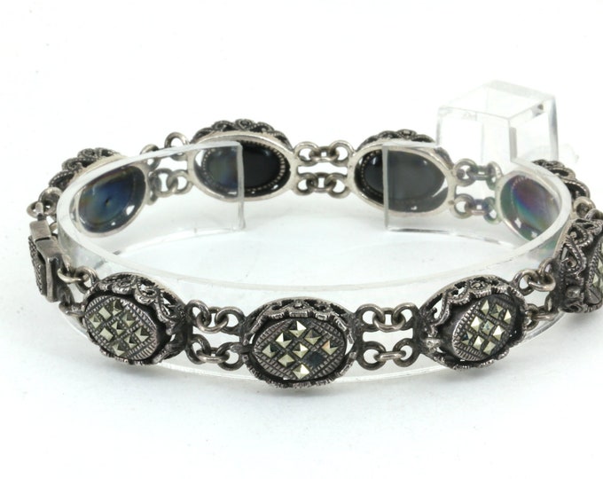 Vintage Flip Bracelet Onyx & Marcasite Design 925 Sterling Silver Bracelet  BR 2278