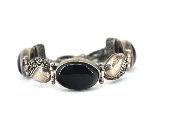 Vintage Large Black Onyx Floral Link Chain Bracelet Sterling Silver BR 237