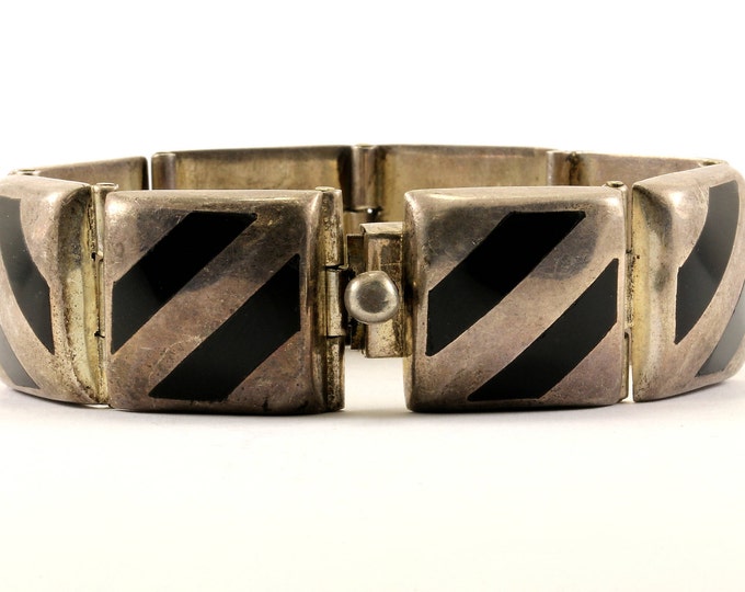 Vintage Mexico Onyx  Link Bracelet 925 Sterling BR 2133