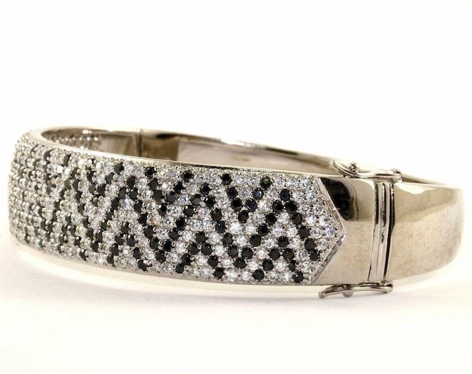 Nwot Chevron Zigzag Black/white Cz Bangle Bracelet 925 Sterling Br 1945Q