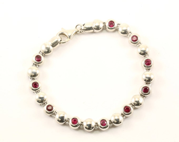Vintage Round Beads Beaded Pink Crystals Link Bracelet Sterling Silver BR 511