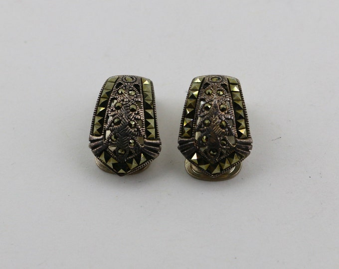 Vintage Shiny Leaf Marcasite Stones Thailand Design Clip On Earrings Sterling 925 ER 916U