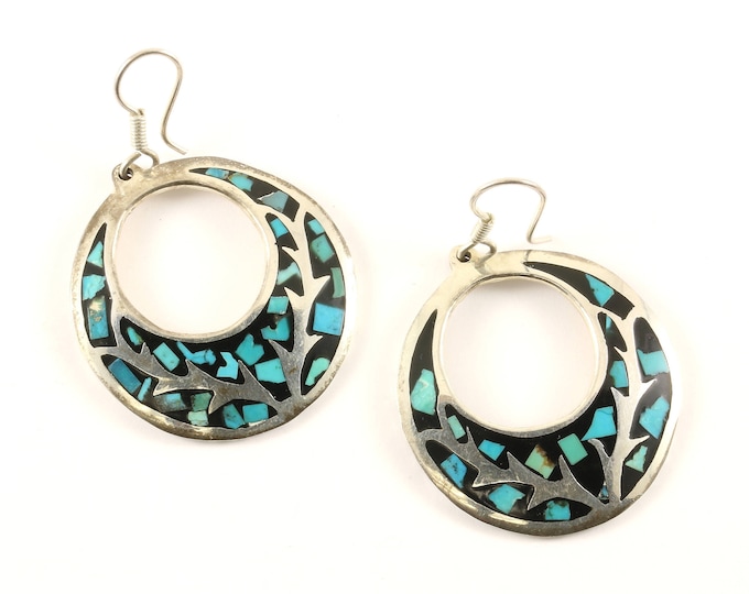 Vintage Round Turquoise Chip Design Drop Dangle Earrings Sterling Silver ER 795