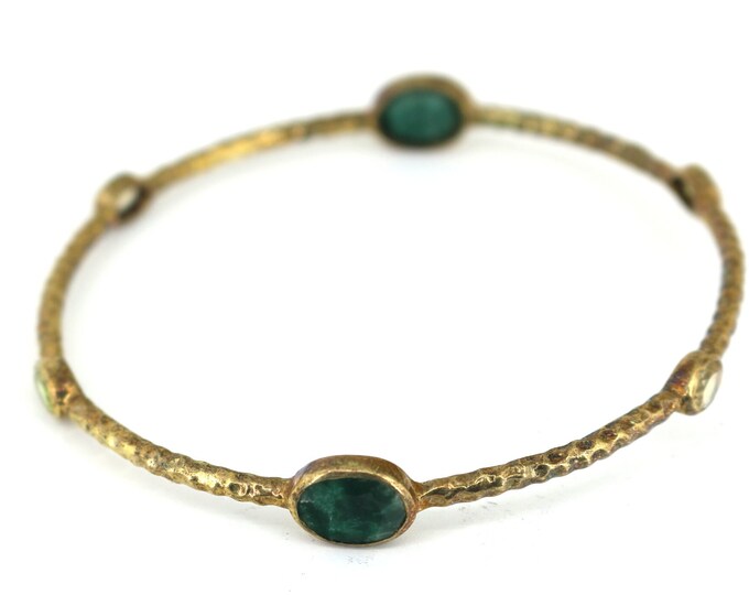 Vintage Beautiful Faceted Green Amazonite Crystal Gold Plated Design Bangle Bracelet 925 Sterling BR 3364