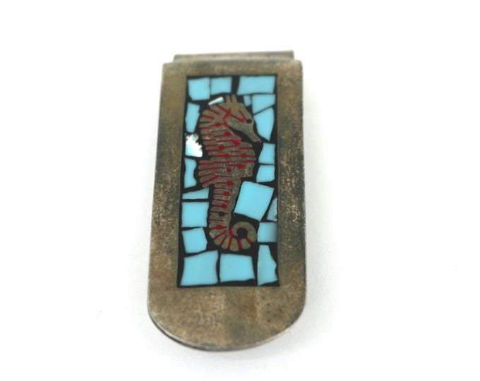 Vintage Mexico Turquoise Sea Horse Money Clip Holder 925 Sterling Silver OT 081