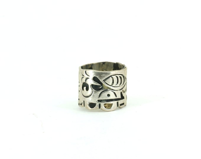 Vintage 5.5 Aztec Wide Band Ring Sterling 925 Silver  RG 4227