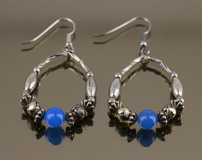 Vintage Beaded Different Round Oval Shape Natural Blue Stone Bead Design Drop Dangle Earrings Sterling 925 ER 1429