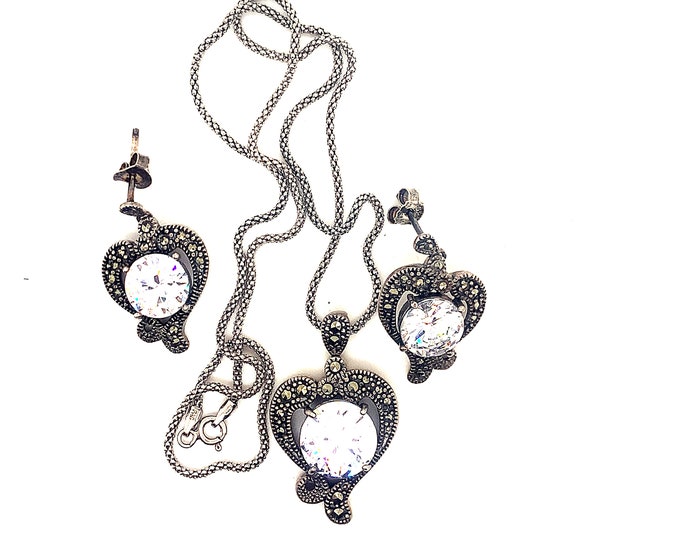 Vintage Set Necklace & Earrings | Marcasite Stone Necklace | Earrings | White Chrystal Necklace Earrings | Silver 925 Sterling Set | NC 55A