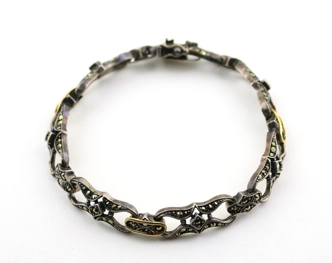 Vintage 14K Yellow Gold Links Shiny Marcasite Stones Tarnished Design Tennis Bracelet 925 Sterling Silver BR 660U