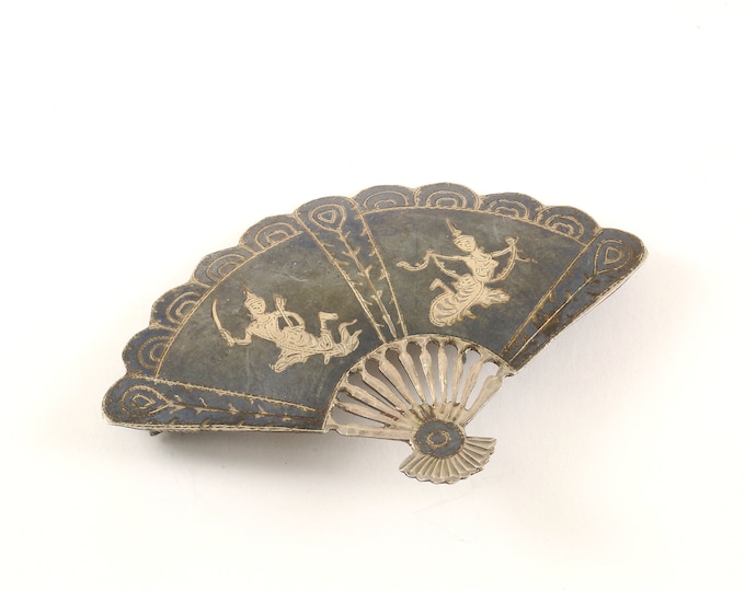 Vintage Silver Siam Fan Niello Goddess Design Pin/Brooch 925 Sterling BB 1601