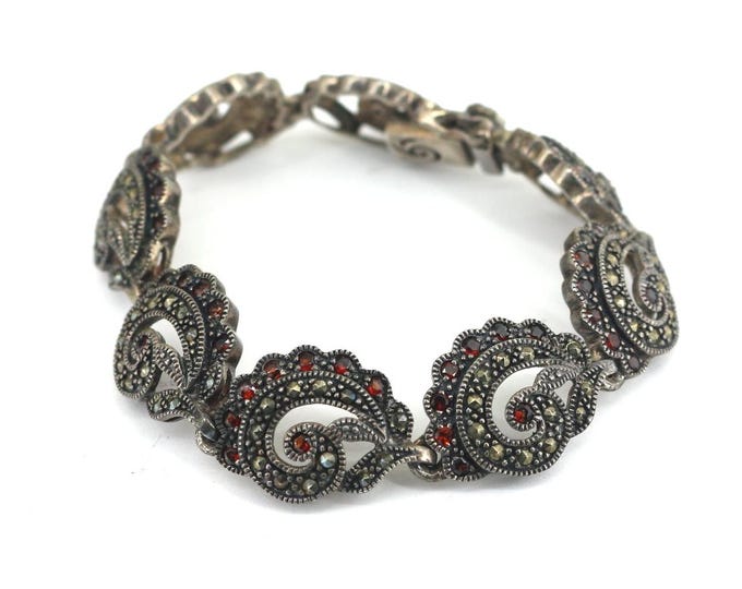 Vintage Marcasite & Carnelian Stones Bracelet Sterling Silver 925 BR 2204