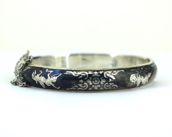 Vintage Thailand Siam Navy Blue Enamel Bangle Bracelet 925 Sterling BR 198