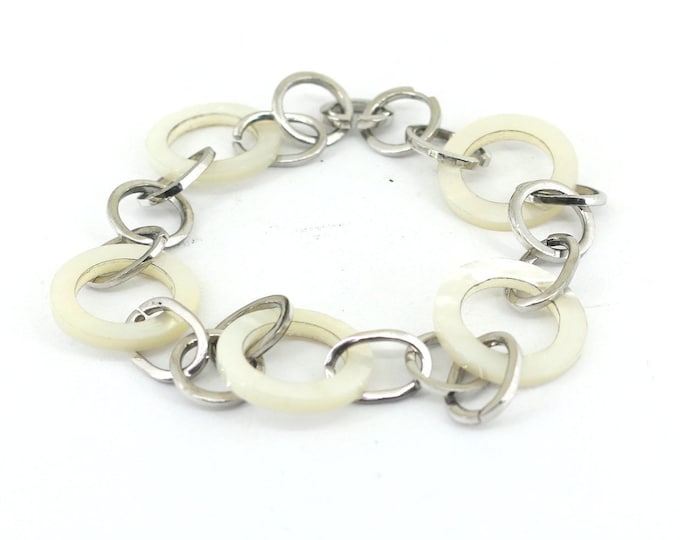Vintage Hollow Round Mother of Pearl Ceramic Charm Rolo Chain Bracelet Sterling Silver BR 2504
