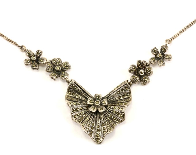 Vintage Flower Shape Marcasite Inlay Necklace 925 Sterling Silver NC 209