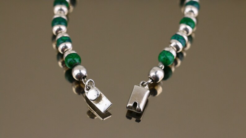 Vintage Mexico Green Malachite Calming Stone Beads Design Link Chain Bracelet 925 Sterling Silver BR 3173