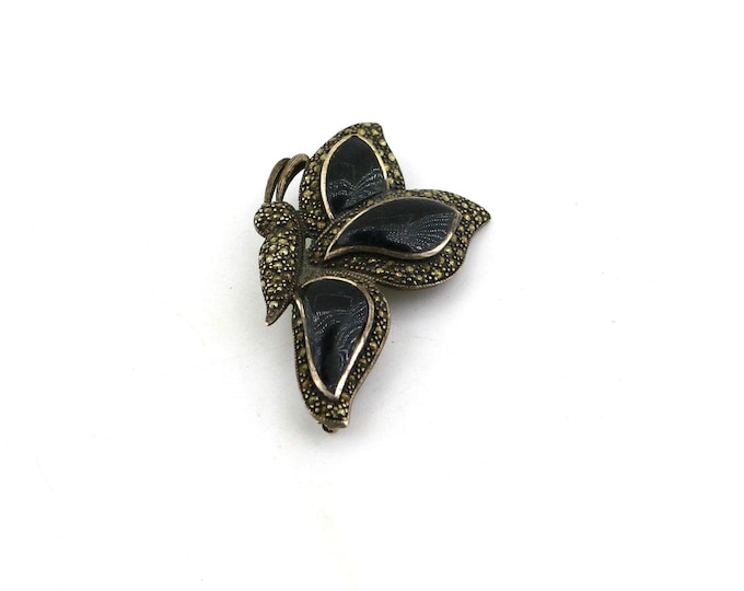 Vintage Beautiful Butterfly Black Onyx Marcasite Stones Design Brooch Sterling Silver 925 BB 1437K