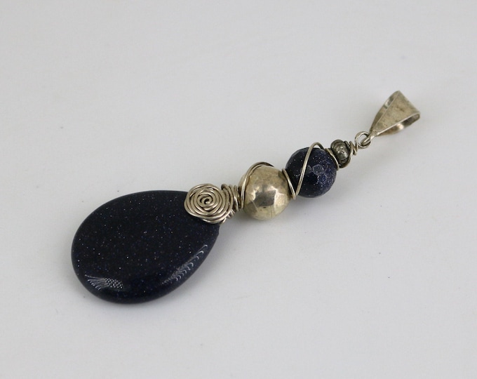 Vintage Deep Purple Goldstone Beads Teardrop Healing Natural Ethnic Design Pendant 925 Sterling PD 2815G