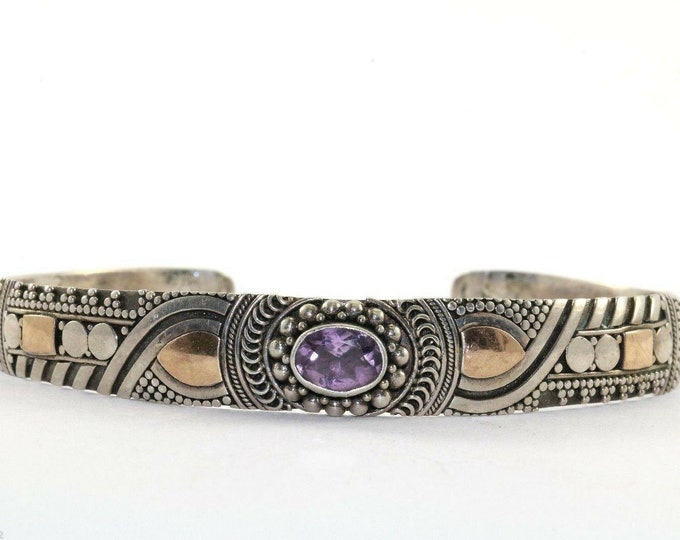 Vintage Amethyst Inlay 14 K Gold Ornate Cuff Ethnic Bracelet Sterling Br 1576