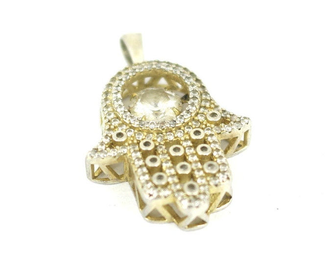 Vintage Round Cut CZ Icy Bling 3D Evil Eye Hamsa Hand Pendant 925 Sterling Silver PD 1196