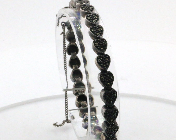 Vintage  Heart Shape Links Marcasite Stones Design Tennis Chain Bracelet 925 Sterling Silver BR 720L