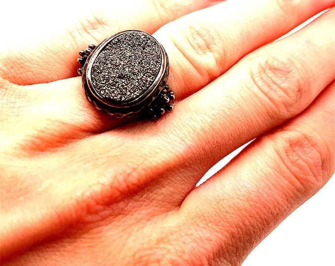 Vintage Size 6 Thailand Design Ring | Michael Dawkins Design Ring | Charcoal Gray Druzy Ring | 925 Sterling  Silver Ring RG 2411Q