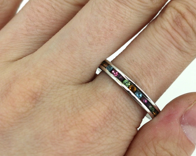 Vintage Size 8 Round Multi Color Crystals Rainbow Full Eternity Ring 925 Sterling Silver RG 4498