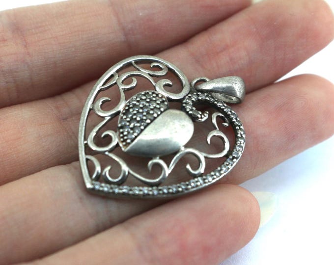 Vintage Romantic Reno Heart Shape CZ Inlay Pendant 925 Sterling Silver PD 2727