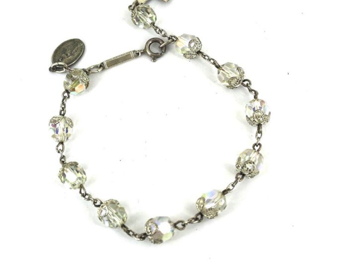 Vintage Beaded Floral With Cross Bracelet 925 Sterling BR 213