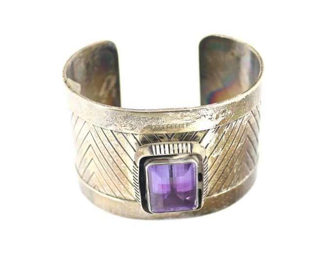Vintage Delgarito Massive Purple Amethyst Wide Cuff Bracelet 925 Sterling Silver BR 2038