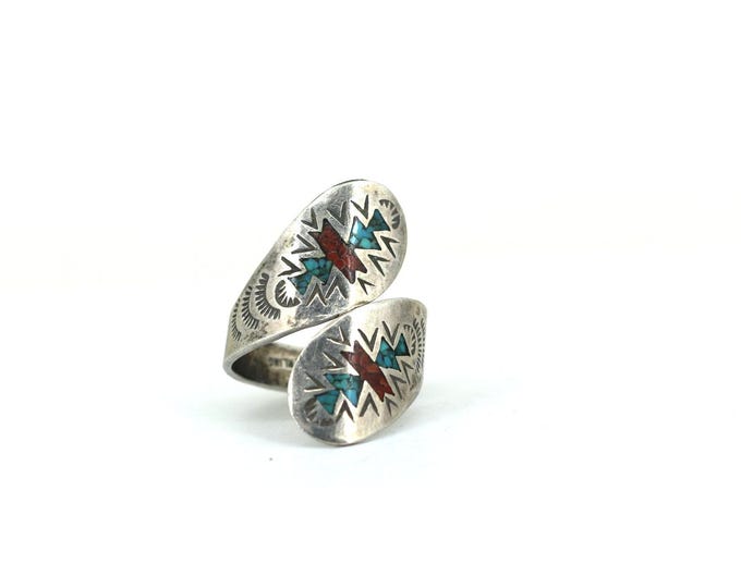 Vintage Size 8.25 Nakai Navajo Native American Turquoise & Coral Inlaid Design Ring 925 Sterling Silver RG 4771
