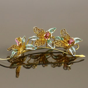 Vintage Beautiful Wild Orchids Blooming Flower Floral Gold Plated Design Brooch Sterling Silver 925 BB 2229