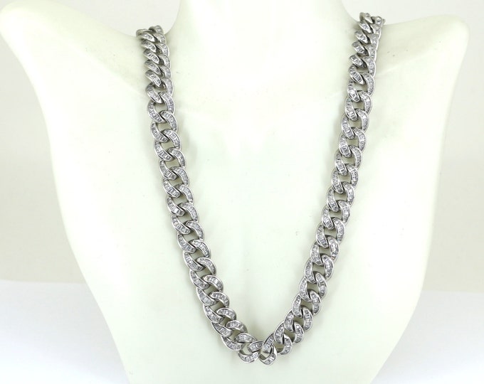 Vintage Long Cuban link Iced Out Inlaid CZ Design Chain Necklace 925 Sterling NC 847