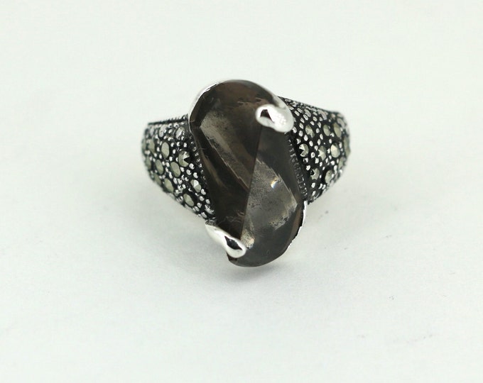 Vintage Size 7.5 Large Rectangle Brown Stone Bangle Ring 925 Sterling RG 4493