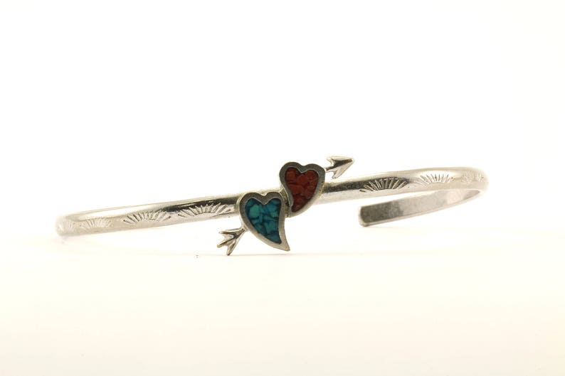 Vintage Navajo Two Hearts Turquoise Coral Cuff Bracelet Sterling Silver BR 2016
